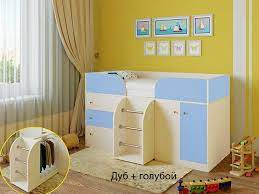 Кровать-чердак Малыш-4 Дуб молочный/Голубой в Заринске - zarinsk.mebel54.com | фото