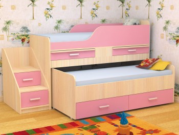 Кровать детская Лесики двухместная 1.8  Дуб молочный/Розовый в Заринске - zarinsk.mebel54.com | фото